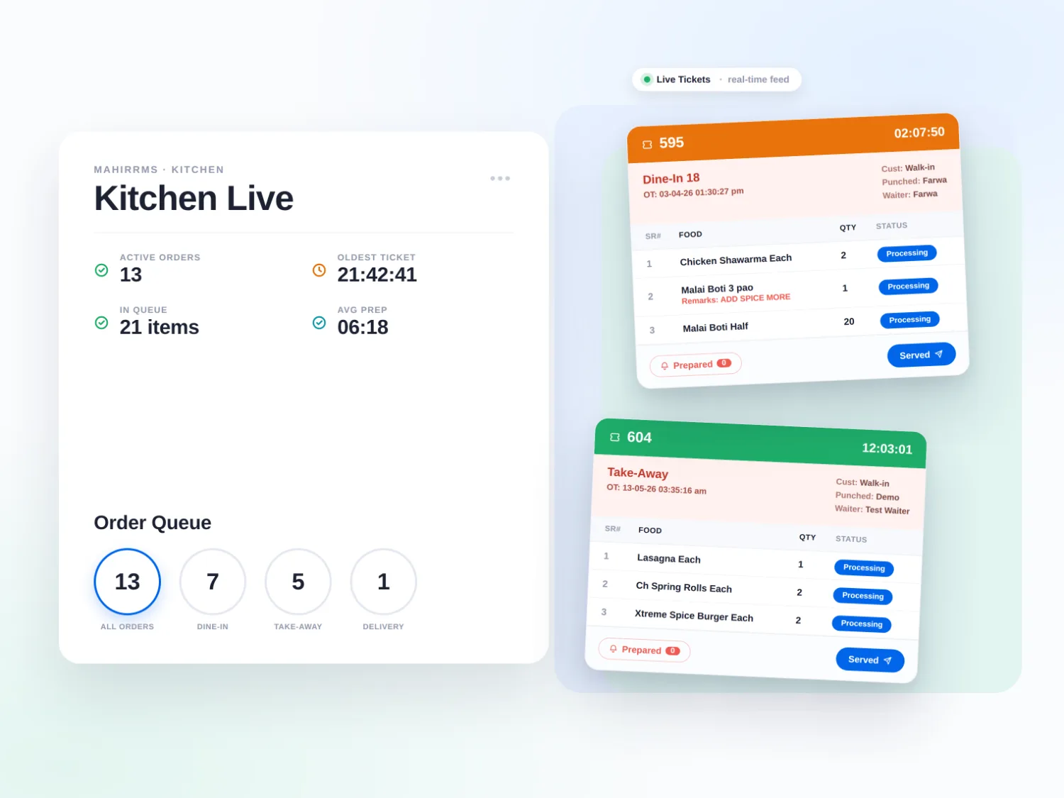 Kitchen Display System — live tickets