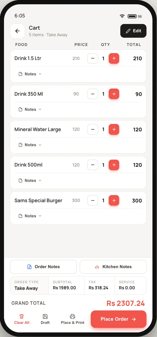 Waiter App — cart & checkout