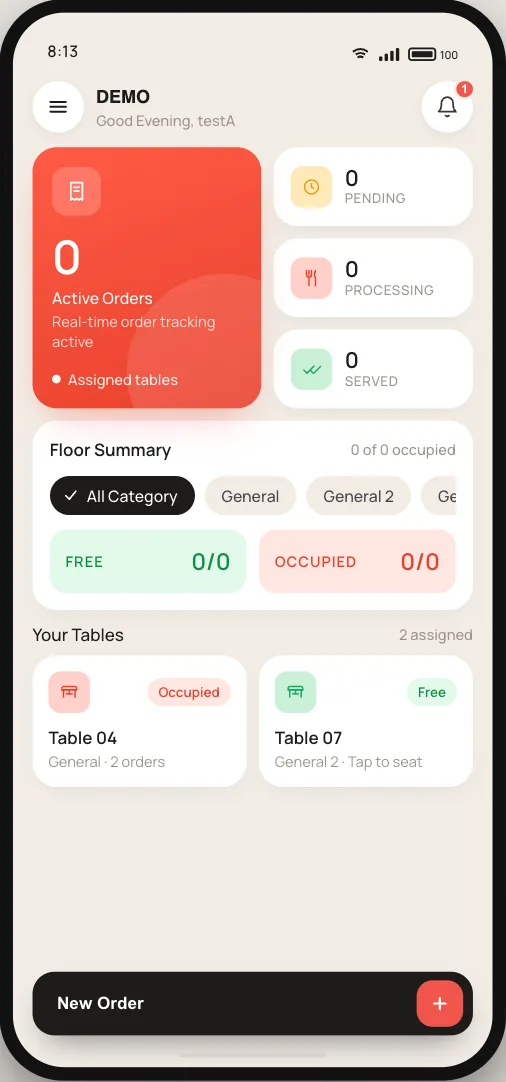 Waiter App — tables dashboard